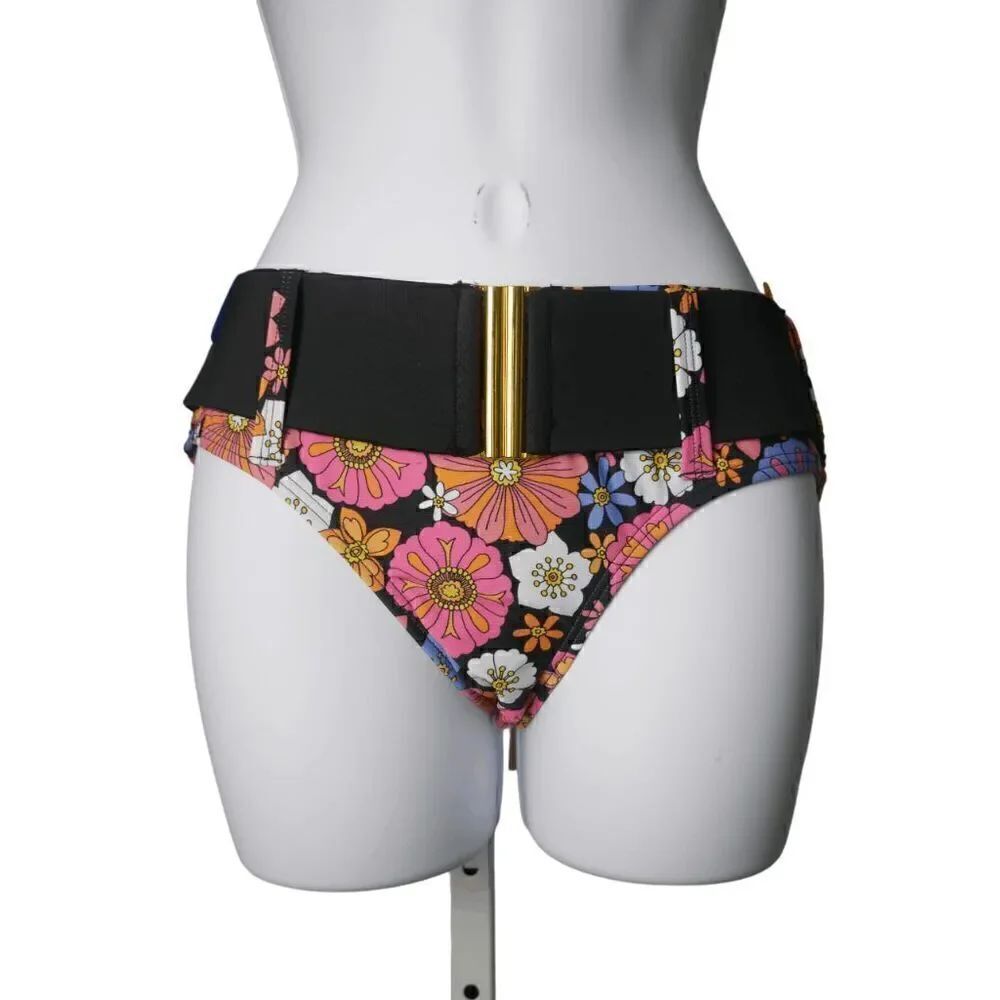 Unique Vintage Black and Purple Floral Belted Swim Bikini Bottom S
